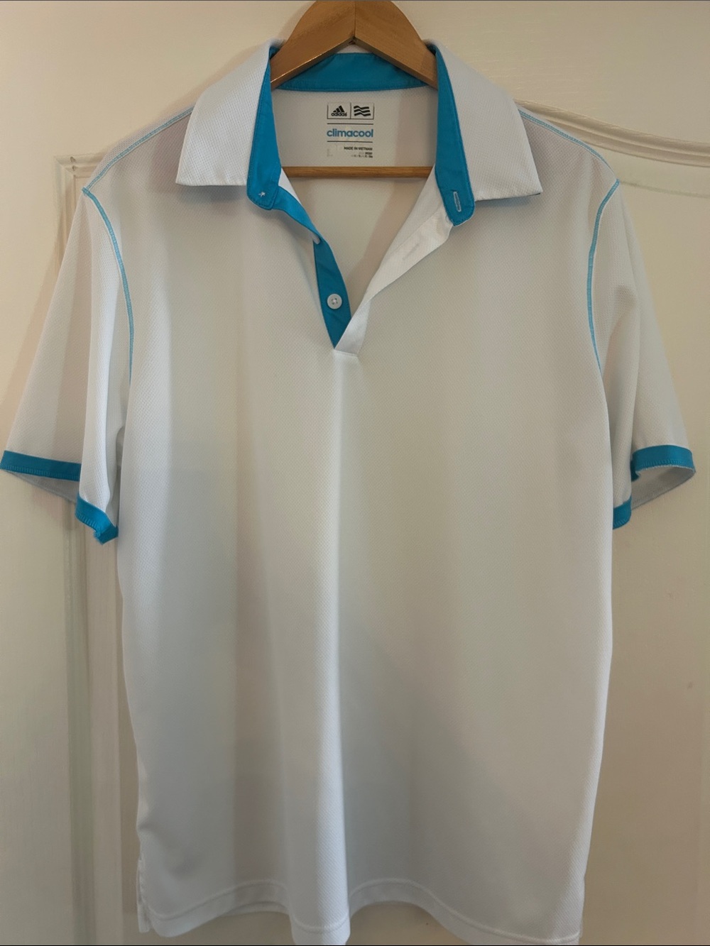 adidas White Golf Polo with Aqua Contrast Trim